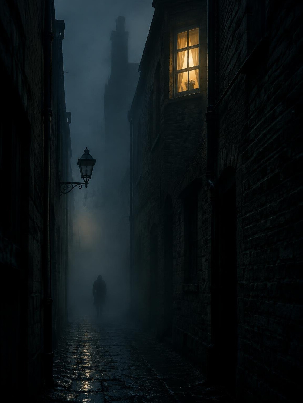 Dark foggy alley at night with a single lit window