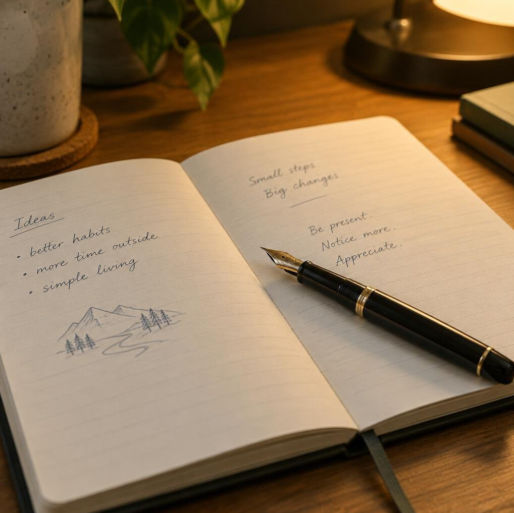 Open notebook with handwriting and a fountain pen
