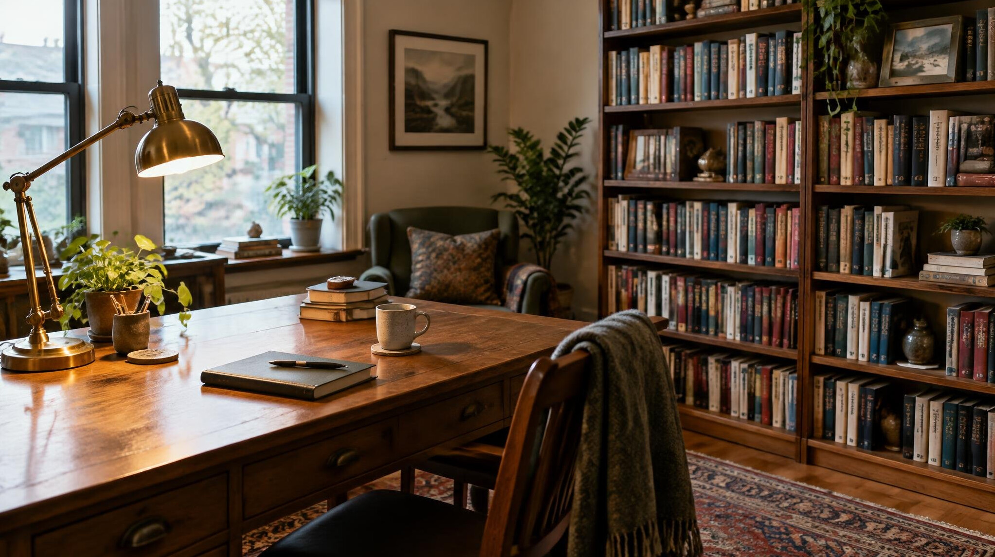Writer's home office with bookshelf and desk lamp