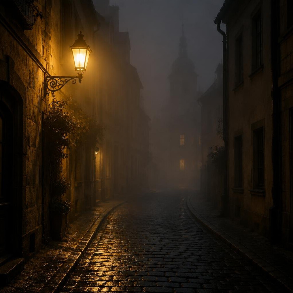 Foggy old European city street at night