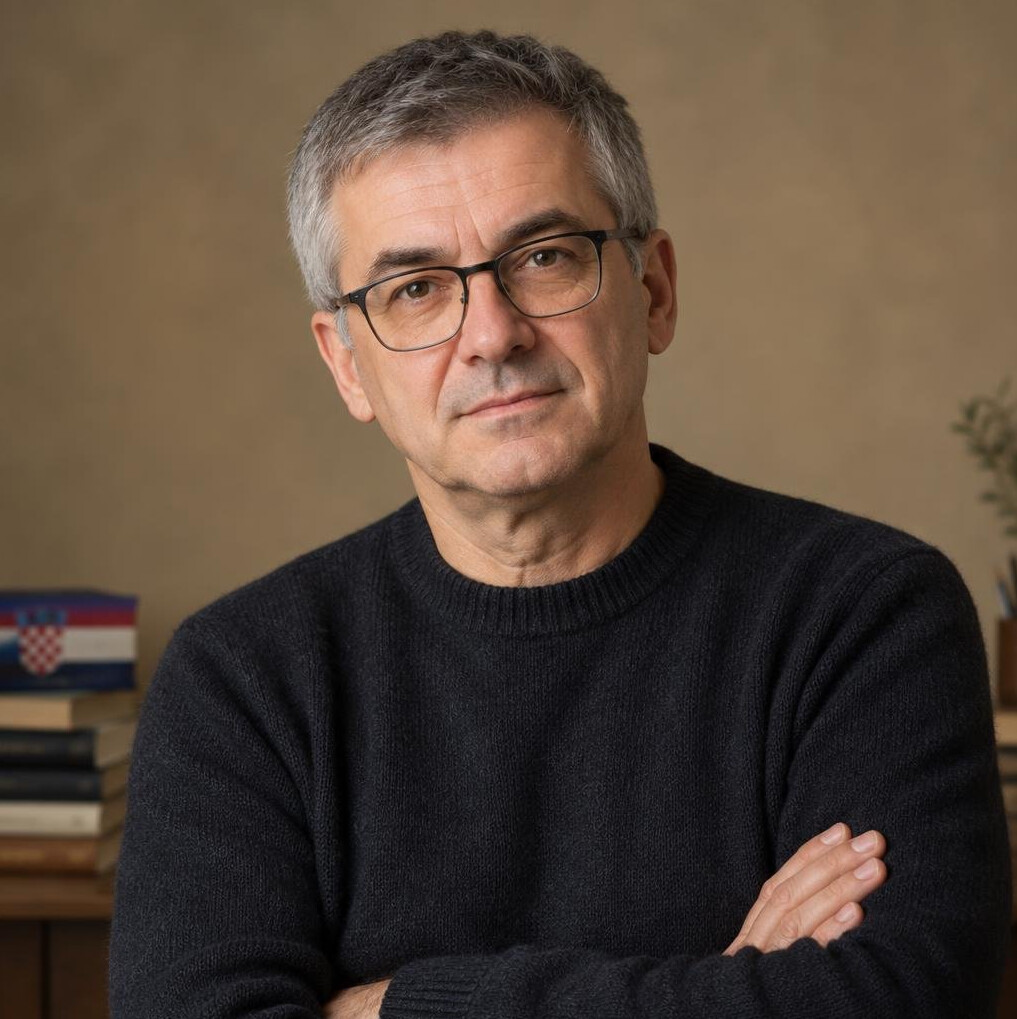 Portrait of a thoughtful middle-aged Croatian man writer in glasses