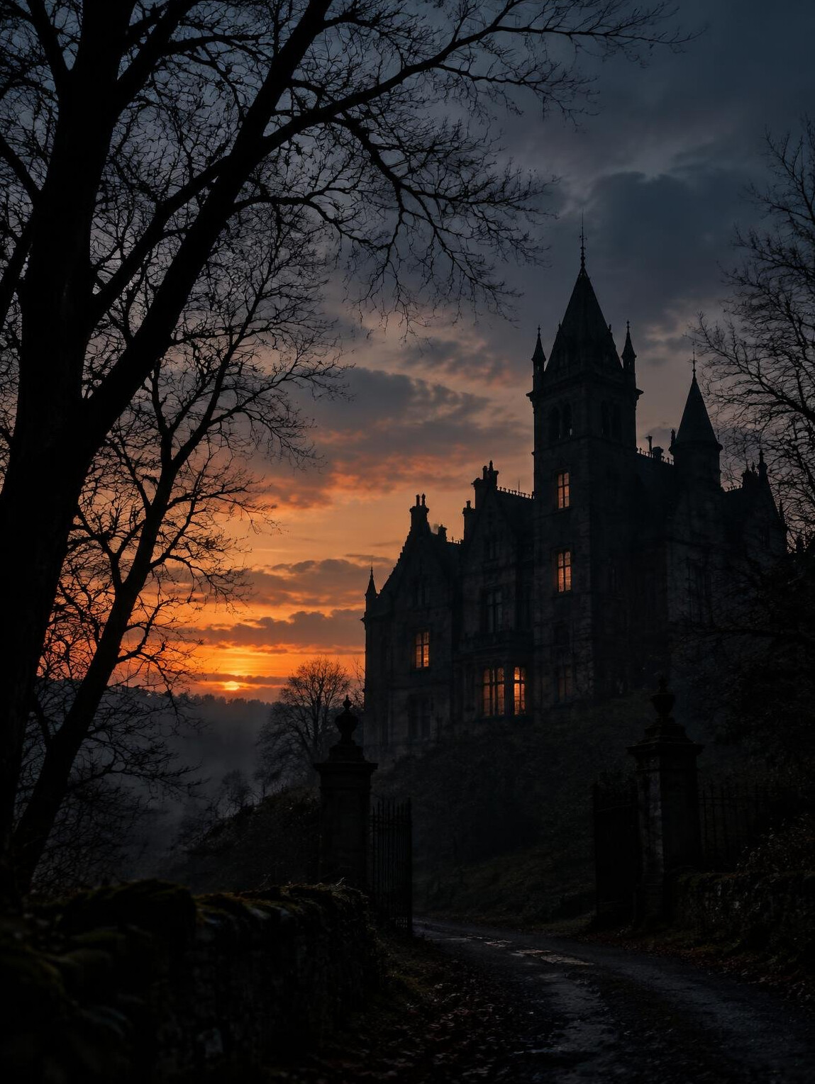 Old mansion silhouette at dusk