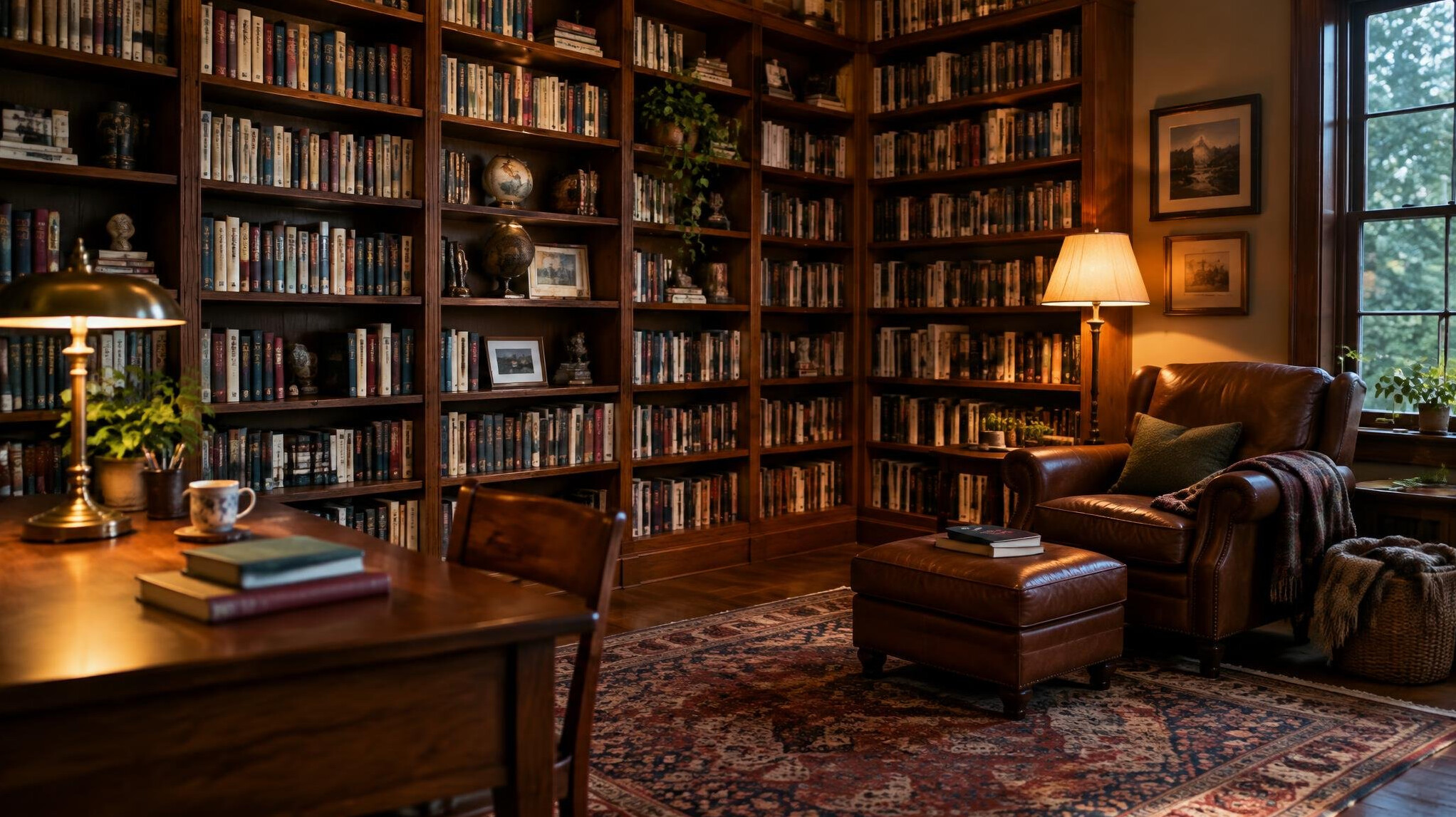 Cozy home library with tall bookshelves and warm light