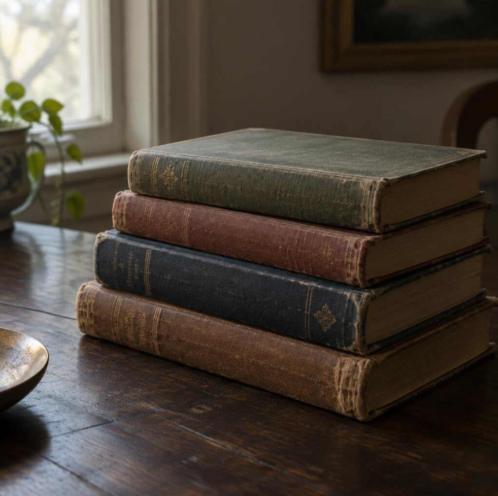 Stack of old hardcover books on a wooden table