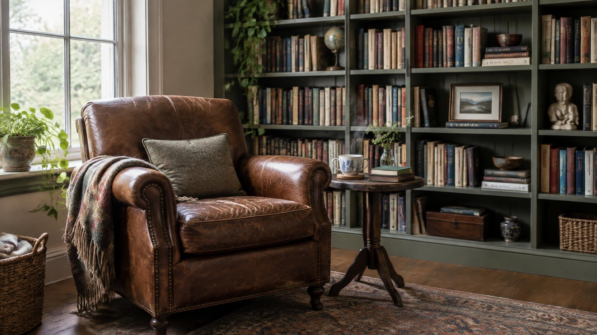 Quiet reading nook with armchair and bookshelf