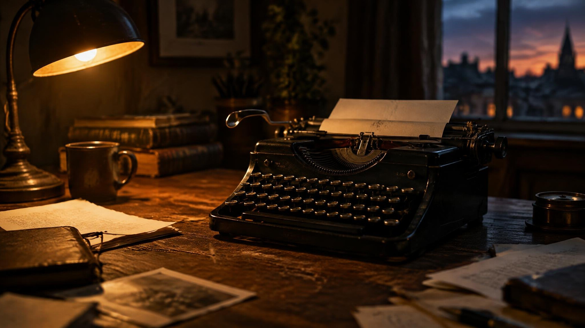 Vintage typewriter on a wooden desk with a dim lamp