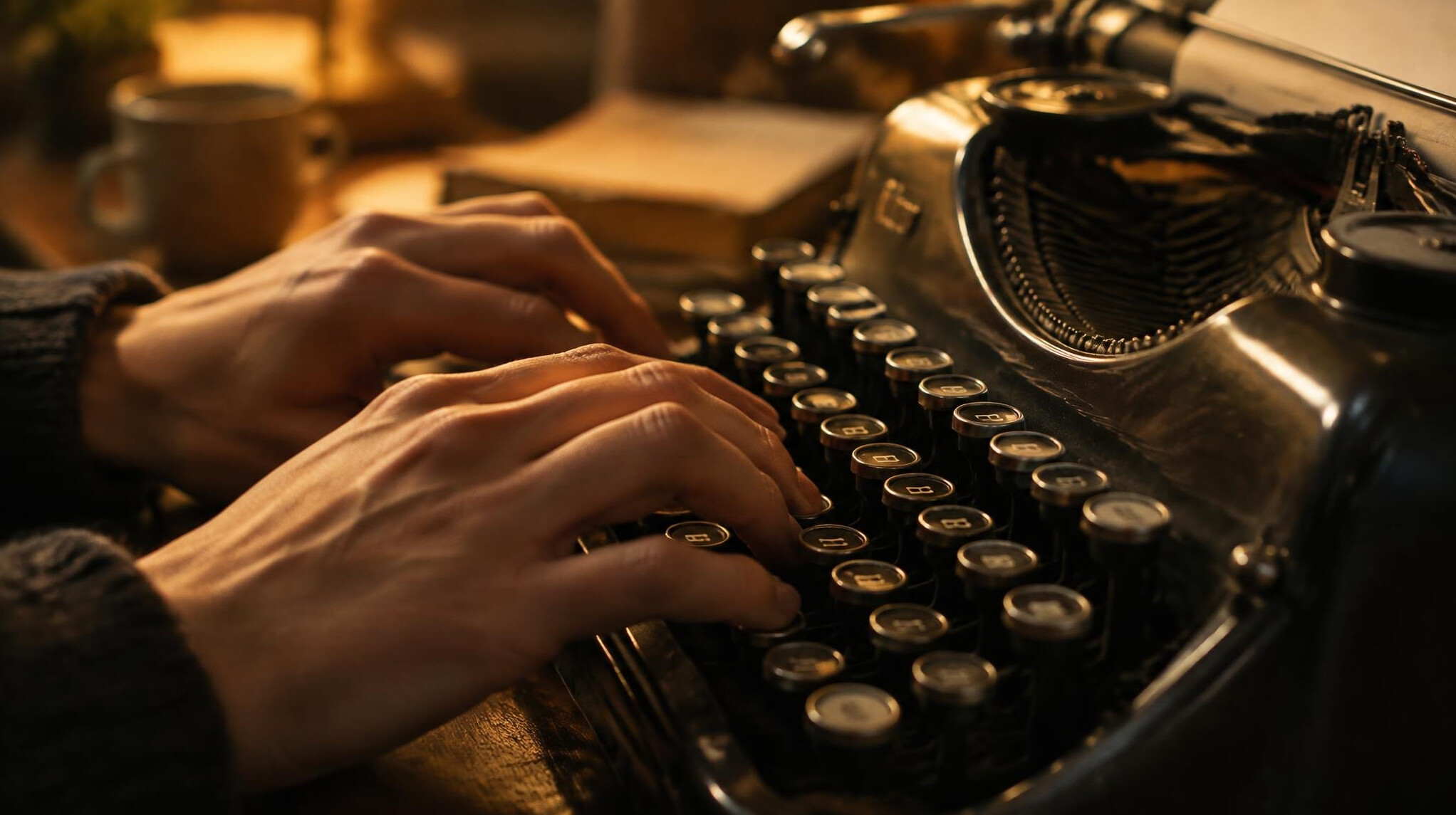 Close-up of hands typing on an old typewriter