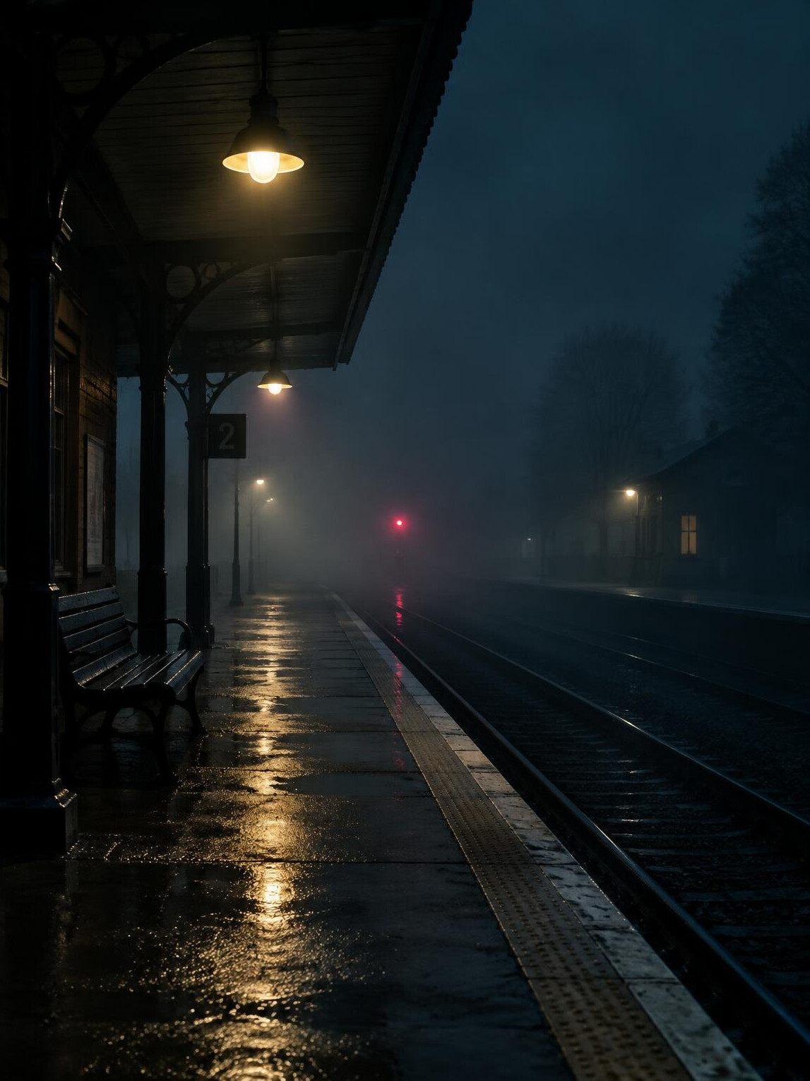 Empty train station platform at night