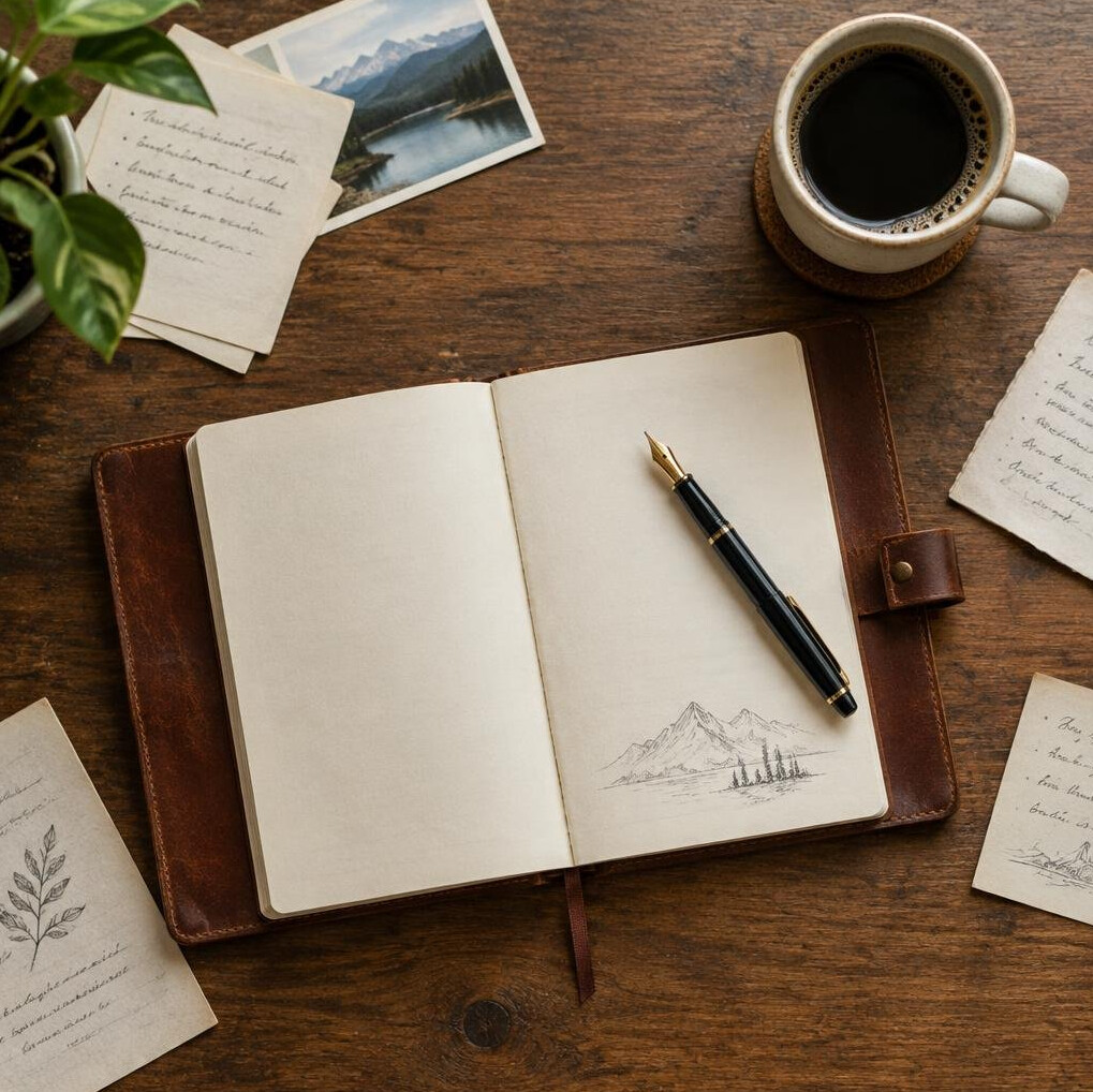 Writer's desk with notebook, pen and coffee cup